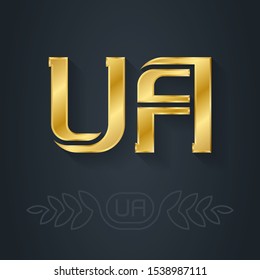 UA - abbreviation of Ukraine. Metallic 3d icon or logotype template. Luxury Design element with lineart option. Gold. A and U initial golden logo. 