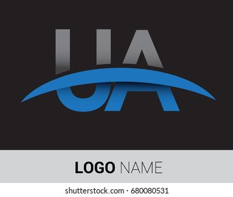 UA initial logo company name colored grey and blue swoosh design.