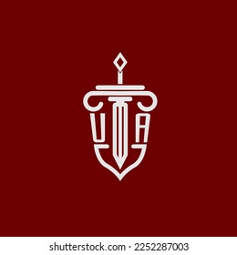 UA initial logo monogram design for legal lawyer vector image with sword and shield