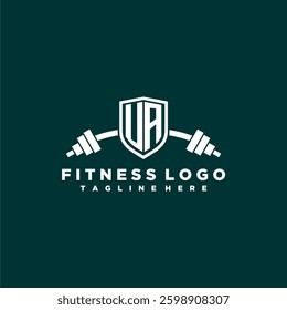 UA initial monogram for fitnes or gym logo with creative shield and barbell design