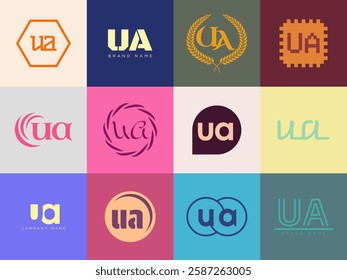 UA logo company template. Letter u and a logotype. Set different classic serif lettering and modern bold text with design elements. Initial font typography. Collection trendy business identity.