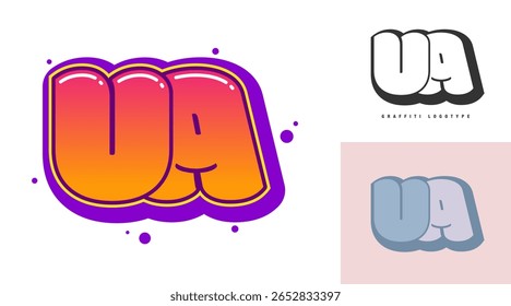 Design de logotipo UA para festival ou festa. Letra inicial u e a no estilo de grafite. Creative moderno lettering nome da empresa de tipografia de fonte. Logotipo ou identidade da moda infantil. Ilustração vetorial.