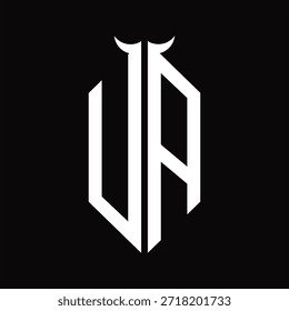 Monograma del logotipo de UA con la forma del cuerno aislada Plantilla de diseño blanco y negro sobre fondo negro