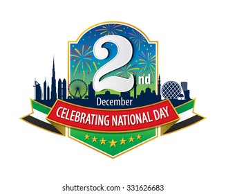 UAE 2nd December Logo with Skyline & Firework, An inscription in English "Celebrating National Day"