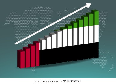 UAE 3D bar chart graph vector, upward rising arrow on data, country statistics concept, UAE country flag on 3D bar graph, increasing values, news banner idea