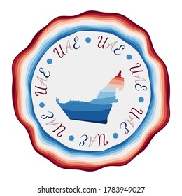 UAE badge. Map of the country with beautiful geometric waves and vibrant red blue frame. Vivid round UAE logo. Vector illustration.