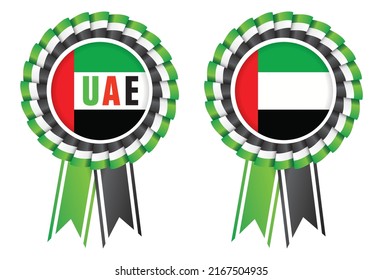 UAE badge, Ribbon badge using UAE flag colour ribbon, UAE rosette badge vector illustration, UAE national day badge isolated, flag day of United Arab Emirates - ribbon customized model