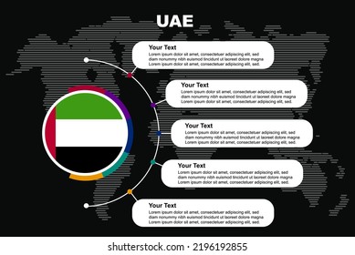UAE circle infographic with information text spaces, black background with world map, UAE circle country flag, presentation graphic idea, info and data template for countries