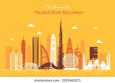 UAE city concept. United Arab Emirates town, skyscrapers silhouettes. Urban architecture, building facade and exterior. Cityscape with all famous buildings. Cartoon flat vector illustration