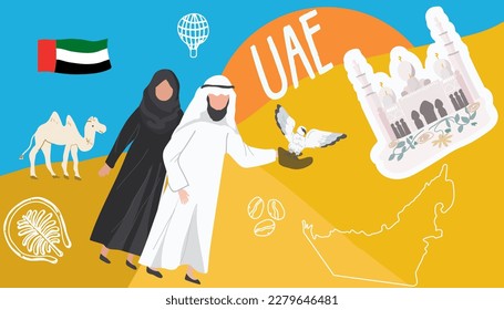 UAE concept cartoon collage with people, men and women characters, as well as tourist attractions and symbols of the United Arab Emirates.