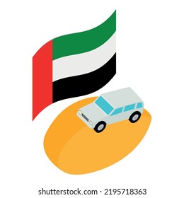 Icono de concepto de usuario vector isométrico. Bandera de los emiratos árabes unidos e icono de un coche de lujo. Símbolo de riqueza y estabilidad, estilo de vida