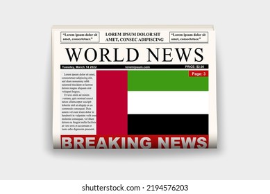 UAE country newspaper with flag, breaking news on newsletter, UAE news concept, gazette page with headline, journal with country flag, reading newspaper, streamer headline