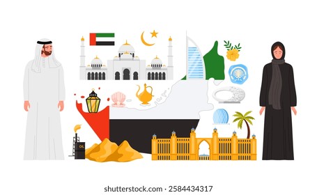 UAE culture elements and landmarks, Dubai architecture, Arabian man and woman in traditional dress in infographic poster collage. Islamic country and tourism emblems cartoon vector illustration