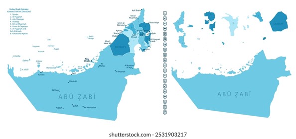 UAE - detailed map of the country in blue colors, divided into regions. Infographic icons. Vector illustration.