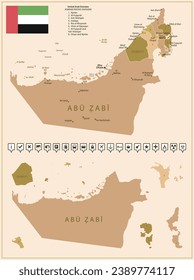 UAE - detailed map of the country in brown colors, divided into regions. Vector illustration