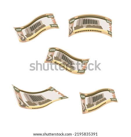 UAE Dirham Vector Illustration. United Arab Emirates money set bundle banknotes. Falling, flying money 200 AED. Flat style. Isolated on white background. Simple minimal design.
