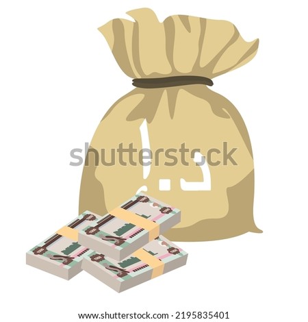 UAE Dirham Vector Illustration. United Arab Emirates money set bundle banknotes. Money bag 1000 AED. Flat style. Isolated on white background. Simple minimal design.