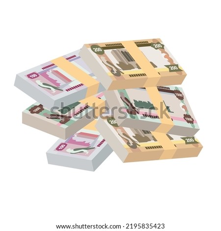 UAE Dirham Vector Illustration. United Arab Emirates money set bundle banknotes. Paper money 100, 200, 1000 AED. Flat style. Isolated on white background. Simple minimal design.