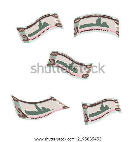 UAE Dirham Vector Illustration. United Arab Emirates money set bundle banknotes. Falling, flying money 1000 AED. Flat style. Isolated on white background. Simple minimal design.