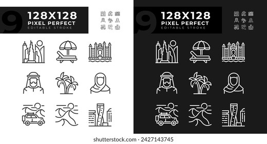 UAE Dubai rich lifestyle linear icons set for dark, light mode. Ancient unique culture. Human made landmarks. Thin line symbols for night, day theme. Isolated illustrations. Editable stroke