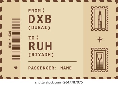 UAE, Dubai - Saudi Arabia, Riyadh flight, luggage tag, boarding pass card. Vector illustration layout for infographic, postcard, sticker, print, promo in vintage style with landmark stamps