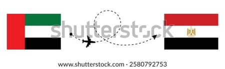 UAE to Egypt flight travel concept. Abu Dhabi to Cairo flight travel by airplane. UAE flag. Egypt flag.