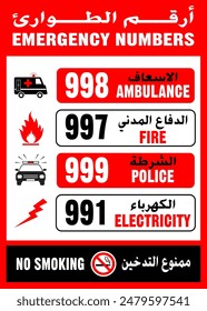 Signo del número de emergencia de los Emiratos Árabes Unidos, Ilustración vectorial de emergencia de los Emiratos Árabes Unidos, Ambulancia, Policía, Bomberos, Números de electricidad en árabe e inglés, Signo árabe de emergencia de los Emiratos Árabes Unidos, Signo de rescate aislado.