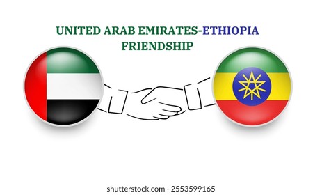 uae and ethiopia flags in circle with shake hand. uae And ethiopia friendship. uae And ethiopia flags, isolated on white background. Vector