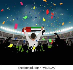 UAE fan stand up and hand flag among silhouette group to celebrate the team won in the soccer match on the stadium background, with confetti in the night time, design for template in vector format