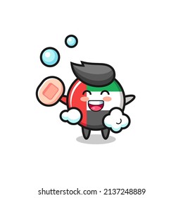uae flag badge character is bathing while holding soap , cute style design for t shirt, sticker, logo element
