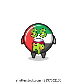 uae flag badge character with an expression of crazy about money , cute style design for t shirt, sticker, logo element