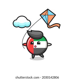 uae flag badge mascot illustration is playing kite , cute style design for t shirt, sticker, logo element