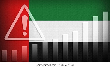 UAE flag with burlap texture, warning sign, and rising bar chart symbolizing increasing risk or growth challenges in the country. Ideal for data presentations.