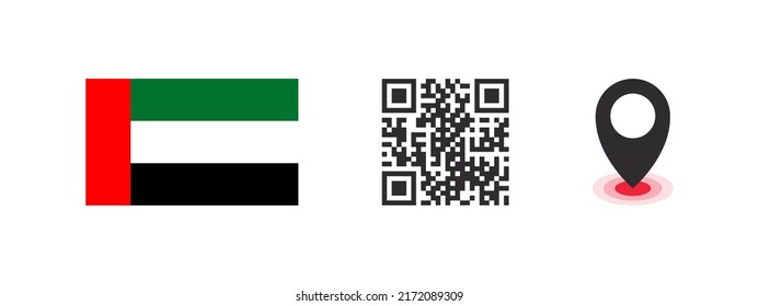 UAE flag. Flag of the country, QR code with location pointer. Vector images