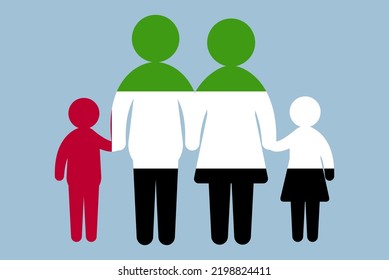 UAE flag with family concept, vector element, parent and kids holding hands, immigrant idea, happy family with UAE flag, flat design asset
