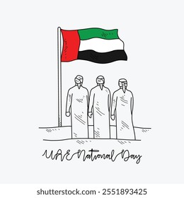 UAE flag flies high three men celebrate National Day. UAE flag flying high with three men celebrating National Day. Suitable for patriotic, cultural, and celebratory themed designs.