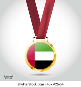 UAE Flag in gold Medal. Vector Illustration. RIO Olympic Game gold Medal. Vector Illustration