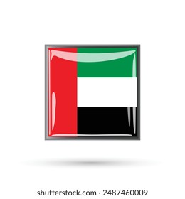UAE Flag isolated vector graphic illustration square frame on white background for national day celebration 2 December. United Arab Emirates flag button realistic 3d glossy and shiny.