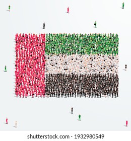 Bandera de los EAU. Un gran grupo de personas se forman para crear la forma de la bandera de los Emiratos Árabes Unidos. Ilustración vectorial.