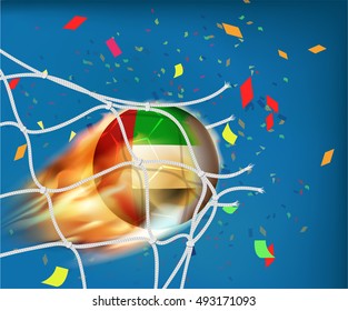 UAE flag on football in fire ball design goes through the net with confetti in concept of goal celebration ,vector format EPS10
