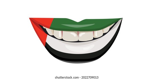 The UAE flag on the lips. A woman's smile with white teeth. Vector illustration.