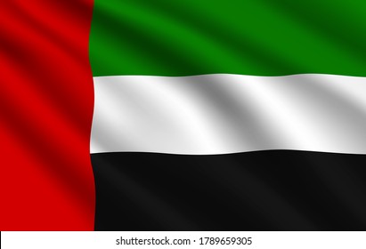 Bandera de los Estados Unidos, identidad nacional vectorial de los Emiratos Árabes Unidos. Aprendizaje de idiomas extranjeros, negocios internacionales o símbolo de viaje, 3d realista ondeando la bandera de Uae de colores rojo, verde, blanco y negro