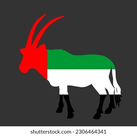 Vector de bandera de los EAU sobre la silueta de símbolo nacional de Oryx gazelle aislado en segundo plano. emblema del estado de Medio Oriente. País árabe en Asia. Cartel patriótico del antílope de Gemsbok.