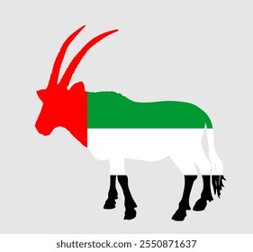 UAE flag vector over Oryx gazelle national animal symbol silhouette illustration isolated on white background. Middle east state emblem. Arab country in Asia. Gemsbok antelope patriotic banner.