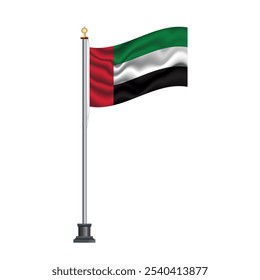 UAE flag waving on a flagpole, isolated on white background, vector illustration. The national flag of the United Arab Emirates.