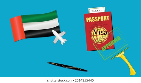 UAE flag with white plane icon. Passport with visa approved stamp. Black stylish Pen. United Arab Emirates Travel poster. Editable vector EPS available