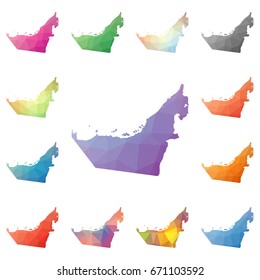 UAE geometric polygonal, mosaic style maps collection. Bright abstract tessellation, low poly style, modern design. UAE polygonal maps for your infographics or presentation.
