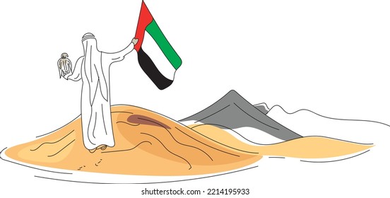 UAE hand drawn doodle illustration vector file, Arab man with falcon and  holding United Arab Emirates National flag on his hand in a desert with mountain view 