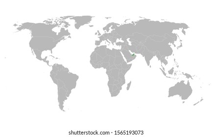UAE highlighted with green on world map vector illustration. Gray background. Gulf country.