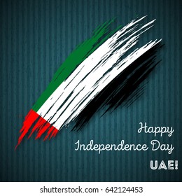 UAE Independence Day Patriotic Design. Expressive Brush Stroke in National Flag Colors on dark striped background. Happy Independence Day UAE Vector Greeting Card.